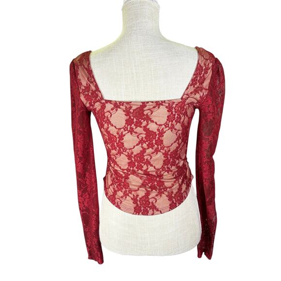 Cropped Sheer Lace Corset Top Womens M Burgundy Fairy Grunge Coquette Whimsygoth - Picture 5 of 8